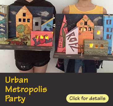 Kids Do Art light up the skies and show you how to create your very own illuminated Urban Metropolis..Children will be given the opportunity to learn model making skills and techniques that will enable them to produce a wall hung sculpture that lights up at the flick of a switch - lights are battery operated. This party can be enjoyed inside or out and all art works will be ready to wall hang.