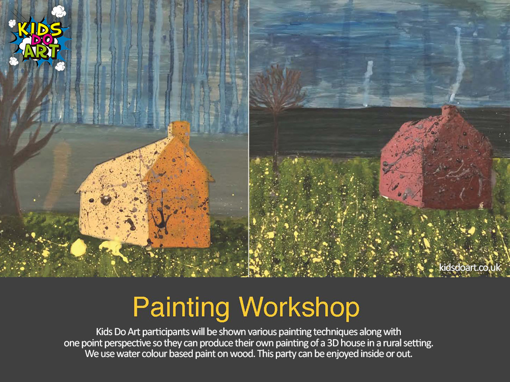 Kids Do Art participants will be shown various painting techniques along with one point perspective so they can produce their own painting of a 3D house in a rural setting. We use water colour based paint on wood. This party can be enjoyed inside or out and all art works will be ready to wall hang.