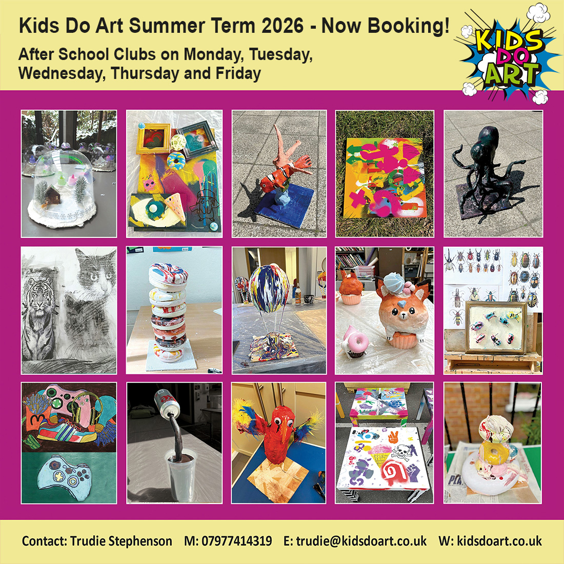 Kids Do Art are passionate about teaching children art. We offer a range of exciting 2D and 3D projects that have been developed to encourage creativity and to broaden visual language. This is a wonderful way for children to learn technique and to express their creativity under the supervision of professional artists. Skills will be developed in drawing, painting and model making.